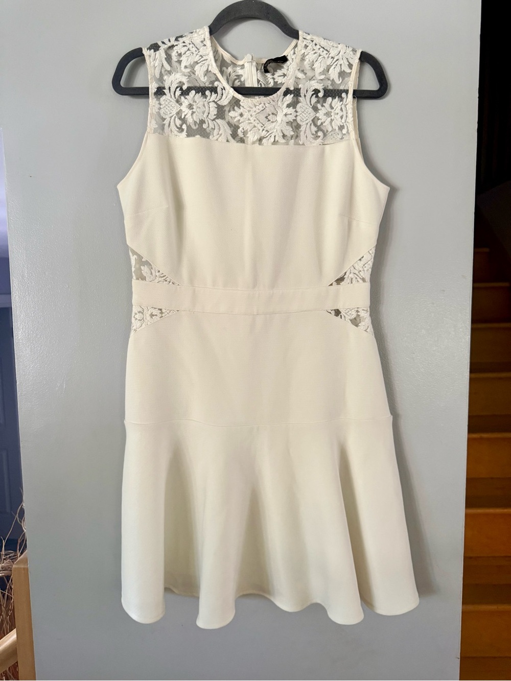 EUC DALIA Ivory White Lace Fit & Flare Cocktail Dress Sheer Cutout Skater Mini L